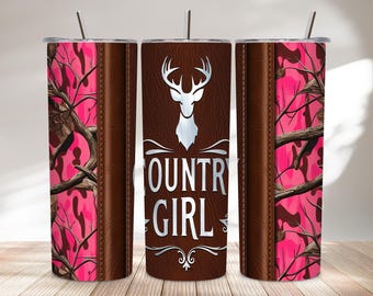Country Girl Pink Camo Leather Design PNG, Rustic Deer Art, Western Farm 20oz Tumbler
