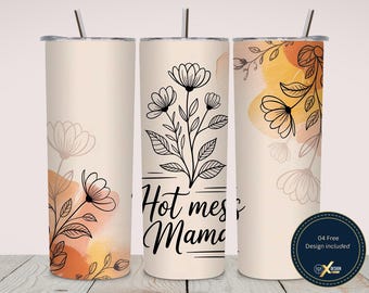 Hot Mess Mama 20oz Tumbler Wrap PNG, Floral Line Art Sublimation Design, Beige Boho Skinny Tumbler Wrap, Instant Download