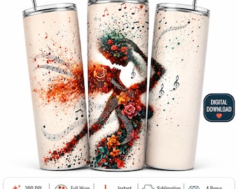 Romantic Floral Music Couple 20oz Tumbler Wrap PNG, Rose Love Sublimation Design, Elegant Skinny Tumbler Digital Download