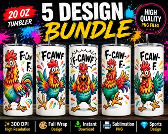 Bundel van 5 grappige cartoonafbeeldingen van hanen voor drinkbekers van 590 ml | Aquarel kip PNG-set | Humoristische sublimatie