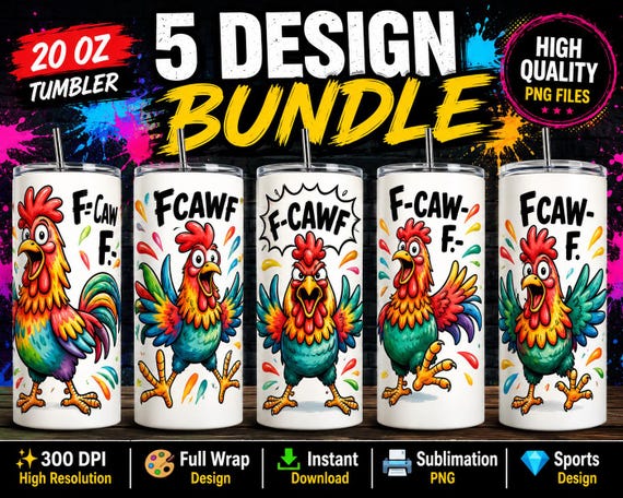Bundle 5 Funny Rooster Cartoon 20oz Tumbler Wrap | Watercolor Chicken PNG Set | Humor Sublimation