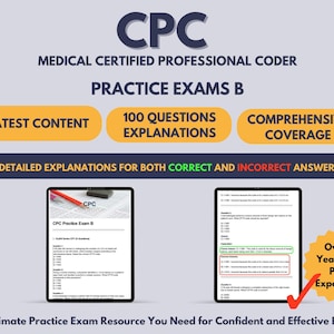 Pode incluir: Um anúncio para exames práticos de codificação médica CPC. A imagem apresenta o texto "CPC Medical Certified Professional Coder Practice Exams B" e destaca "Latest Content", "100 Questions Explanations" e "Comprehensive Coverage".
