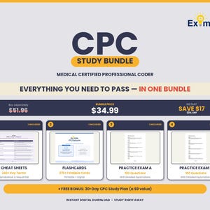 Könnte beinhalten: Ein Lernpaket für die CPC-Prüfung mit Spickzetteln, Karteikarten und Übungsprüfungen. Das Paket enthält über 240 Schlüsselbegriffe, 270+ Karteikarten und zwei Übungsprüfungen mit je 100 Fragen. Enthält einen 30-Tage-Lernplan.