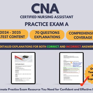 Op de afbeelding: Een digitale download voor een CNA-praktijktest met 70 vragen en gedetailleerde uitleg voor zowel juiste als onjuiste antwoorden. Het examen behandelt de nieuwste inhoud voor 2024-2025 en biedt een uitgebreide dekking. De advertentie adverteert met meer dan 8 jaar ervaring in testvoorbereiding.
