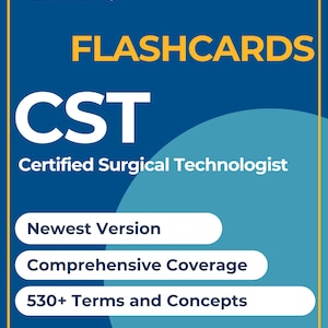 May include: Blue and yellow graphic with the text "Ex mifie" and a lightbulb icon. The text "FLASHCARDS" is in large yellow letters. The text "CST" is in large white letters. The text "Certified Surgical Technologist" is in smaller white letters. Three white rectangles with blue text are below the text. The top rectangle says "Newest Version". The middle rectangle says "Comprehensive Coverage". The bottom rectangle says "530+ Terms and Concepts".