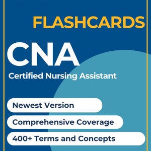 Può includere: Grafica blu e gialla con il testo "Ex mifie" e "FLASHCARDS" in giallo. Il testo "CNA Certified Nursing Assistant" è in bianco. Sotto il testo ci sono tre rettangoli bianchi con il testo "Newest Version", "Comprehensive Coverage" e "400+ Terms and Concepts".