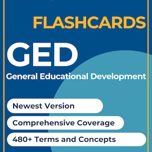 Op de afbeelding: Blauw-gele afbeelding met de tekst "Exmifie" en "FLASHCARDS GED General Educational Development". Drie witte rechthoekige knoppen met de tekst "Newest Version", "Comprehensive Coverage" en "480+ Terms and Concepts".