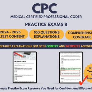 Op de afbeelding: Een digitale afbeelding van een computerscherm waarop een oefenexamen voor het Certified Professional Coder (CPC)-examen wordt weergegeven. Het examen is voor het examenjaar 2024-2025 en bevat 100 vragen met gedetailleerde uitleg voor zowel juiste als onjuiste antwoorden. De afbeelding bevat ook een groene vink met de tekst "Meer dan 8 jaar ervaring met testvoorbereiding".