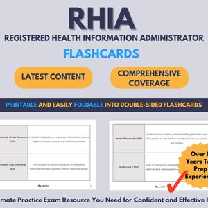 May include: RHIA flashcards with the text "Registered Health Information Administrator." The image includes the phrases "Latest Content" and "Comprehensive Coverage." The text "Printable and Easily Foldable into Double-Sided Flashcards" is also visible.