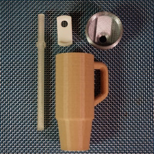 May include: A brown travel mug with a lid and a handle. The mug is made of stainless steel and has a double-walled construction to keep drinks hot or cold. The mug comes with a straw and a lid with a built-in straw hole.