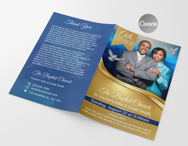 May include: A blue and gold church anniversary invitation with a photo of a couple in front of a blue and white sky background. The text reads "6th Church Anniversary" and "The Baptist Church Sr. Pastors John & Linda Smith Sunday, August 22 at 11:00am".