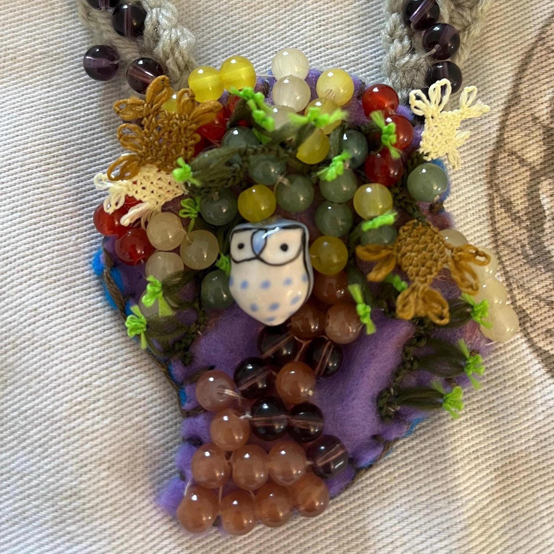 Embroidered Owl Necklace: Crochet Beaded Jewelry