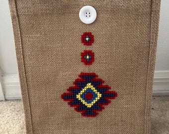 Indian Inspired Jute Burlap Tote Bag: Cross Stitch Design