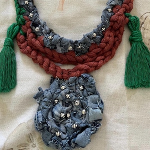 denim necklace, denim jewelry, denim upcycled necklace, denim statement necklace,denim recycled necklace, macrame necklace, jean necklace