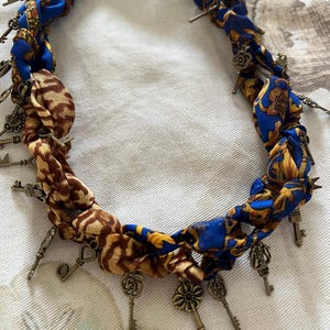 Colorful Fabric Bib Necklace: Handmade Textile Scarf with Keys