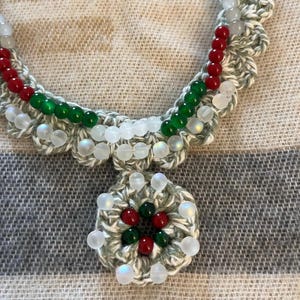 Handmade Crochet Christmas Beaded Necklace: Holiday Jewelry