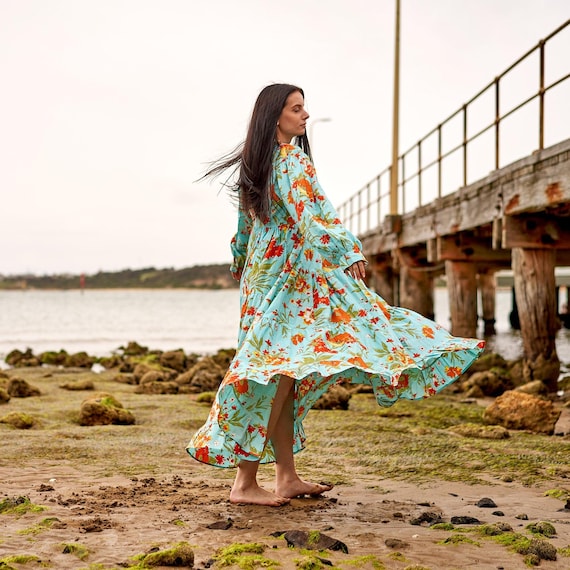 Blue Florals' 100% Cotton Maxi Dress