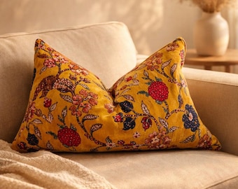 Mustard Vintage Floral Velvet Lumbar Cushion Cover | Luxury Sofa Pillow 50x30cm