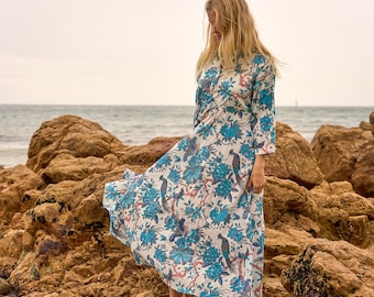 Blue Heron Cotton Maxi Dress: Hand Block Printed Boho Kimono Gift For Her Him Birthday Anniversary