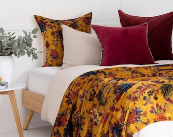 Mexican Velvet Cotton Throw Mustard | Cotton Quilt - Flower
