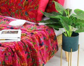 Velvet Floral Kantha Quilt - Bird Paradise Hot Pink