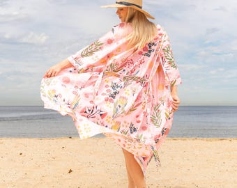 Bata kimono de algodón para mujer con estampado floral en bloques