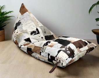 Artisan Cowhide Beanbag Cover – Triangular Patchwork Lounger in Natural Tones