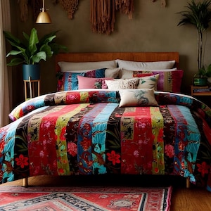 May include: A bed dressed with a vibrant patchwork quilt and decorative cushions. The quilt showcases vertical stripes in red, blue, green, and black, adorned with floral designs. The bed has a wooden headboard and rests on a red patterned rug.
