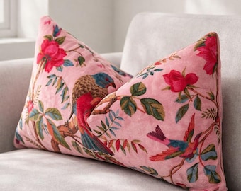 Funda de cojín lumbar con estampado floral de pájaros rosas / Terciopelo de algodón, 30 x 50 cm