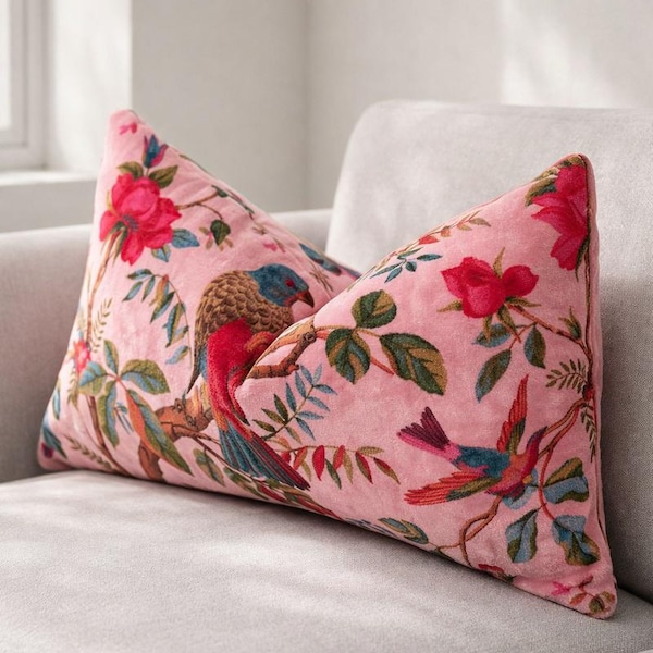 Pink Bird Floral Lumbar Pillow Cover | Cotton Velvet, 30x50cm