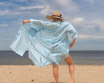 BLUE BLOCK PRINT' Women's Cotton Kimono Robe