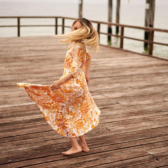 100 cotton dress Citrine Oasis' 100% Scilla Viscose Maxi Dress white christmas Floral back smocking Color:Blue Harbor