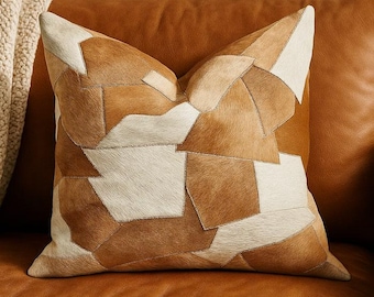 Patchwork Cowhide Leather Cushion Cover | Rustic Home Decor (60x60cm)