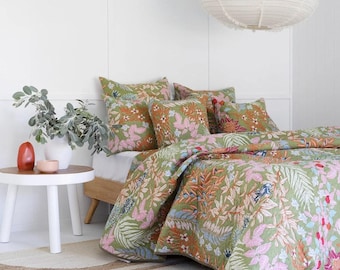 Floral Cotton Quilt Bedspread Comforter Duvet- Green Anthro