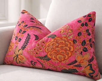 Pink Vintage Floral Velvet Lumbar Cushion Cover 50x30cm | Chic Sofa Pillow | Luxury Home Decor