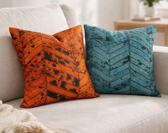 Luxury Cowhide Leather Cushion Covers | Teal & Rust Orange Chevron | Set of 2 (40x40cm)