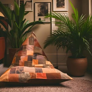 May include: A large, triangular beanbag chair with a patchwork design in shades of brown, orange, and tan. The chair is placed on a neutral-colored rug, with potted plants in the background, creating a cozy, bohemian vibe.