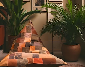 Vintage Leather Patchwork Bean Bag Cover - Upcycled Cowhide Lounger