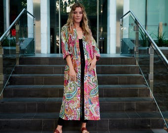 Peignoir kimono 100 % coton aux couleurs vives motif cachemire