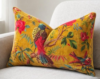 Mustard Bird Cotton Velvet Lumbar Cushion Cover 30x50cm | Decorative Pillow for Sofa & Home Decor