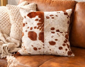 Rustic Brown & White Cowhide Throw Pillow Cover 40x40 cm | Leather Cushion | Glam Home Decoration