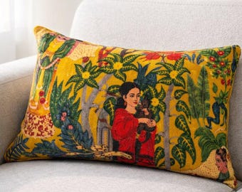 Tropical Frida Lumbar Pillow Cover | Mustard Cotton Velvet, 30x50cm