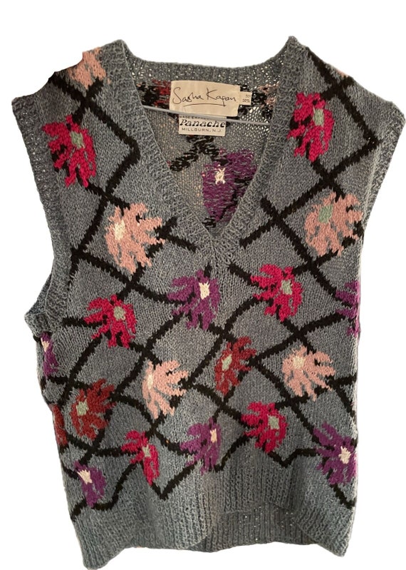 Hand knitted Sasha Kagan floral sweater vest, silk