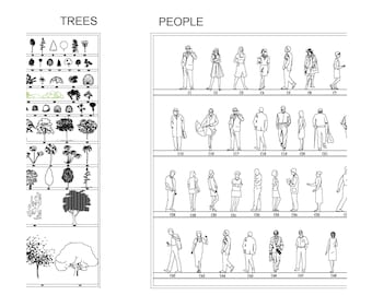 May include: A black and white architectural drawing with labeled sections for trees and people. The "TREES" section displays various tree illustrations. The "PEOPLE" section shows line drawings of people in different poses.
