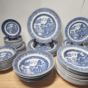 Vintage Johnson Bros Blue Willow assortment of plates and bowls. Royal Wessex