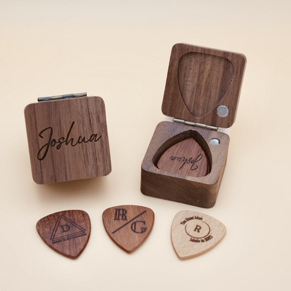 Custom Wooden Guitar Picks Box,Personalized Guitar Pick Holder Storage,Wood Guitar Plectrum Organizer Case,Music Gift for Guitarist Musician