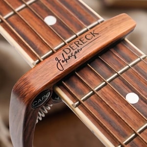 Personalized Guitar Capo for Groom, Custom Engraved Wedding Gift for Husband, Wood Grain Music Accessory, Made in USA