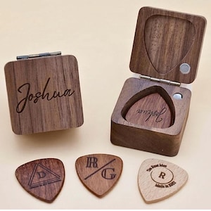 Personalisierter Plektrumhalter aus Walnussholz, individuell gravierte Holzkiste, Gitarrist Geschenk