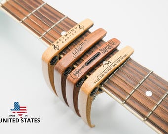 Personalized Metal Guitar Capo with Wood Grain, Custom Message, Engraved Guitar Pick, Birthday Gift, Fathers days Gift for Guitarists