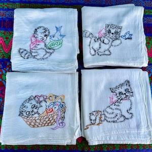 Vintage embroidered cat tea towels, kitchen decor, cat decor
